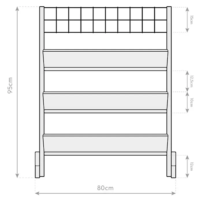 Westmann Kräuterhochbeet Viktoria L mit Rankgitter - L x B x H: 50 x 80 x 95 cm - Abbildung eines 4-stufigen Pflanzenständers aus Holz mit detaillierten Maßangaben. Er bietet viel Platz für Pflanzen und Dekorationen.