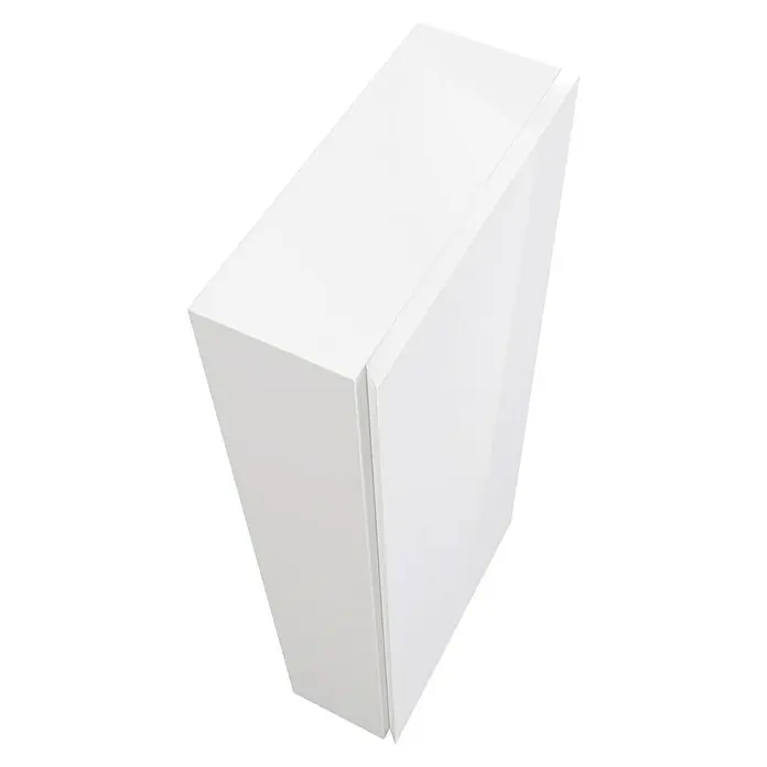 Camargue Espacio Hängeschrank - 40 x 17 x 90 cm, Gama weiß glänzend - Aufnahme eines modernen, weißen Badezimmerschranks aus einem schrägen Winkel, der ein minimalistisches Design und glatte Oberflächen zeigt.