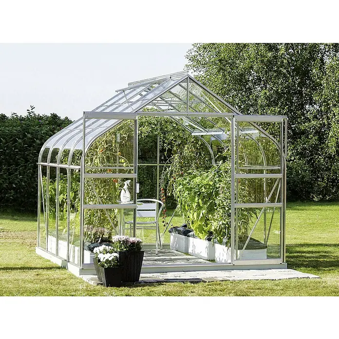 Vitavia Gewächshaus Dione 6700 - Außenmaß inkl. Dachüberstand (B x T): 263,5 x 258 cm, 3 mm, Aluminium - Ein Gewächshaus mit Pflanzen. Das Gewächshaus besteht aus Glas und Metall und steht auf einer Rasenfläche.