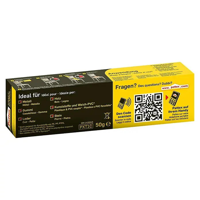 Pattex Kraftkleber Transparent - 50 g, Tube - Abbildung der Pattex Kraftkleber Transparent-Verpackung, geeignet für Metall, Holz, Gummi, Leder, Kunststoffe, Weich-PVC und Stein.