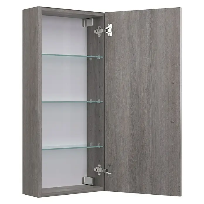 Camargue Espacio Hängeschrank - 40 x 17 x 90 cm, Farbe Griff: Chrom, Faro - Abbildung eines offenen Badezimmerschranks mit drei Glasböden, Tür mit Holzmaserung und silbernen Beschlägen vor schwarzem Hintergrund.