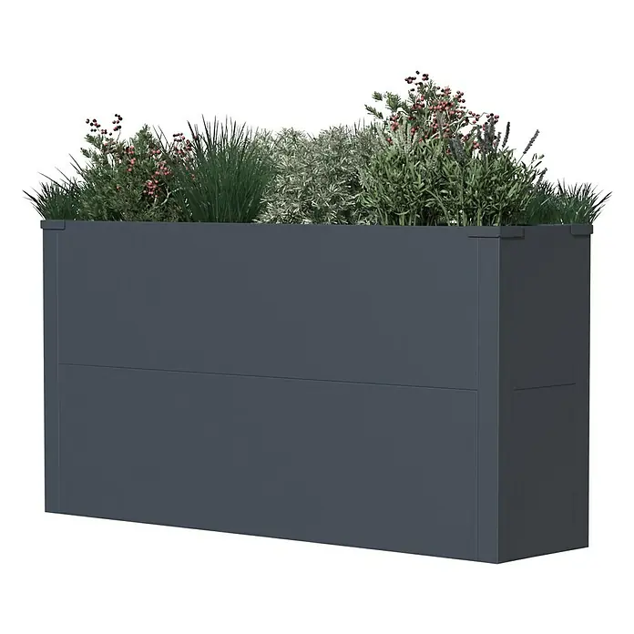 Westmann Pflanzkasten Talus L - L x B x H: 25 x 100 x 52 cm, Metall, Anthrazit - Grauer, rechteckiger Pflanzkübel mit üppigen Pflanzen, ideal für den Garten oder die Terrasse, um stilvolle Akzente zu setzen.