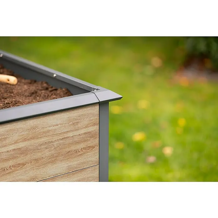 Westmann Hochbeet Primus XL - 100 x 200 x 77 cm, Metall, Anthrazit/Braun - Nahaufnahme eines erhöhten Gartenbeets aus Holz und Metall im Freien, ideal für den Garten.
