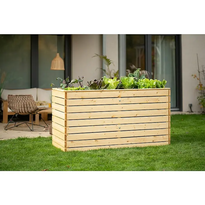 Westmann Hochbeet Asket XL - 70 x 160 x 90 cm, Holz, Natur - Ein hölzernes Hochbeet gefüllt mit Salat und Gemüse in einem Garten. Das Beet ist aus hellen Holzlatten gefertigt und steht auf grünem Rasen.