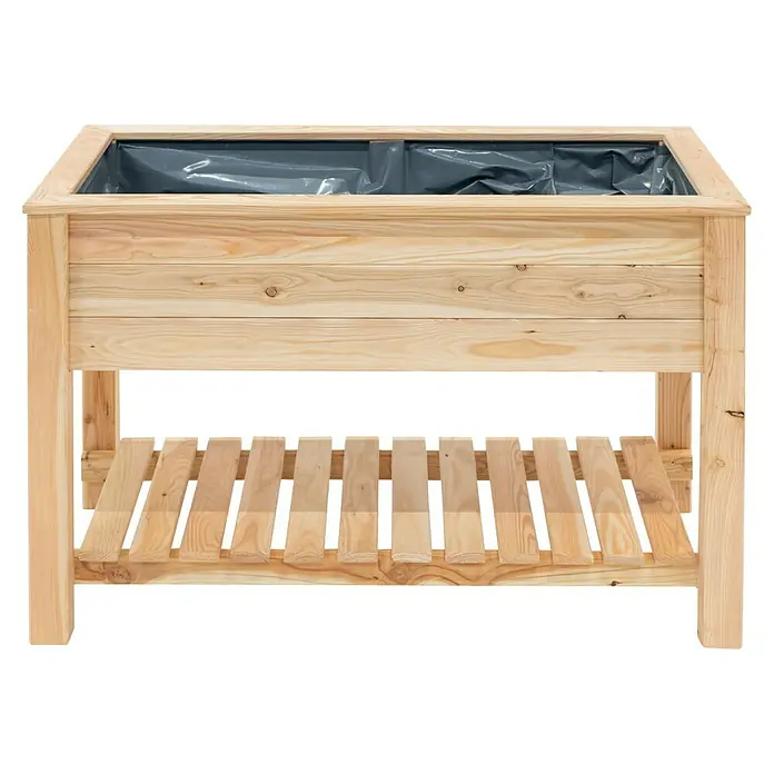Westmann Hochbeet Emily - 65 x 120 x 72 cm, Holz, Natur, Ausstattung Hochbeet: Ablagefläche - Diese Aufnahme zeigt einen rechteckigen Pflanzkasten aus hellem Holz mit einer dunklen Auskleidung und einem Ablageboden.
