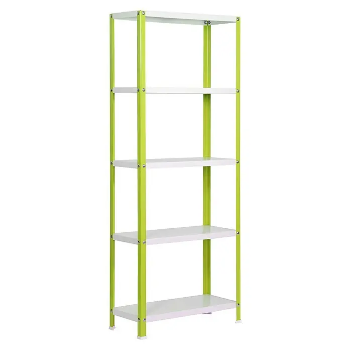 Simonrack Simonhome Estantería metálica Homeclassic Color Mini - Al x An x Pr: 180 x 100 x 40 cm, Capacidad de carga por balda: 100 kg, Número de baldas: 5 ud., Atornillado, Verde - Aquí hay una estantería de cinco niveles. Esta estantería tiene un marco verde claro y estantes blancos, que ofrecen almacenamiento y organización.
