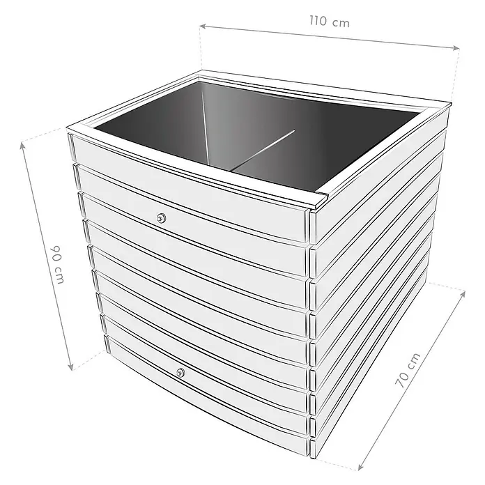 Westmann Hochbeet Asket M - 70 x 110 x 90 cm, Holz, Natur - Abbildung einer rechteckigen, dekorativen Pflanzbox mit horizontalen Lamellen und Abmessungen (90cm Höhe, 110cm Länge, 70cm Breite).