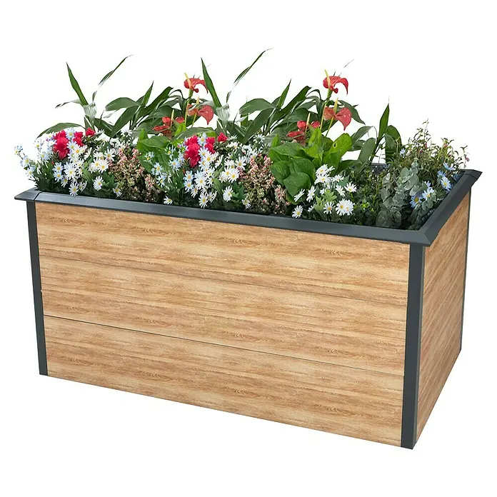 Westmann Hochbeet Primus L - 75 x 150 x 77 cm, Metall, Anthrazit/Braun - Holzoptik-Pflanzkasten mit blühenden Blumen und Grünpflanzen, ideal für Garten und Terrasse. Stilvolle Gartendekoration.