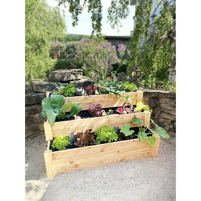 Westmann Stufenbeet Anna - L x B x H: 120 x 76 x 64 cm, Natur - Gestufter Holzpflanzer voller Salat und Gemüse, perfekt für den Garten oder die Terrasse.