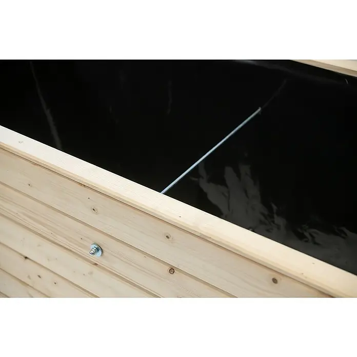 Westmann Hochbeet Asket XL - 70 x 160 x 90 cm, Holz, Natur - Nahaufnahme einer stilvollen Holzkiste mit einer dunklen Auskleidung, die eine Mischung aus rustikalem Charme und moderner Funktionalität bietet.