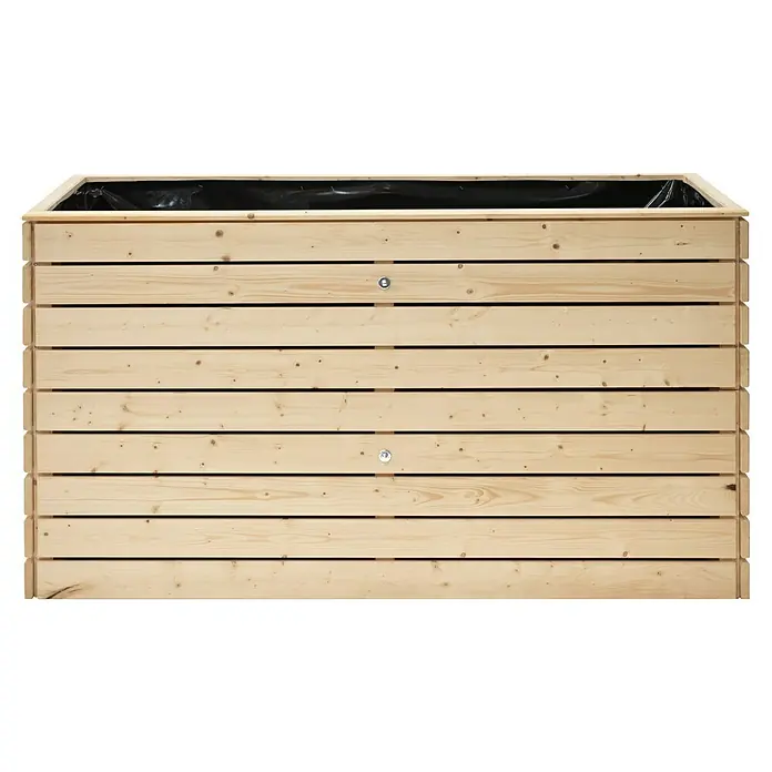 Westmann Hochbeet Asket XL - 70 x 160 x 90 cm, Holz, Natur - Ein rechteckiger, hölzerner Pflanzkasten mit horizontalen Latten und einer schwarzen Auskleidung im Inneren. Ideal für Garten und Terrasse.