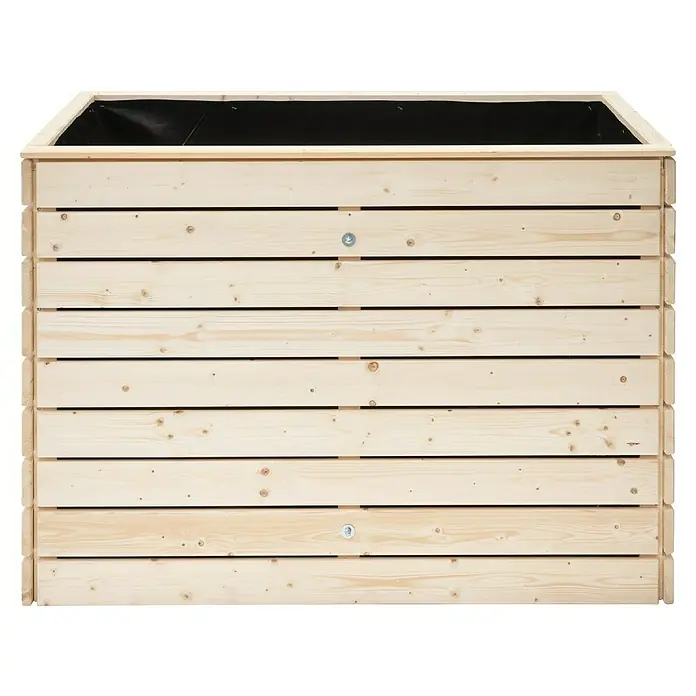 Westmann Hochbeet Asket L - 70 x 130 x 90 cm, Holz, Natur - Das Bild zeigt einen quadratischen Pflanzkasten aus hellem Holz mit einer schwarzen Auskleidung. Ideal für Gartenliebhaber, die Pflanzen stilvoll präsentieren möchten.