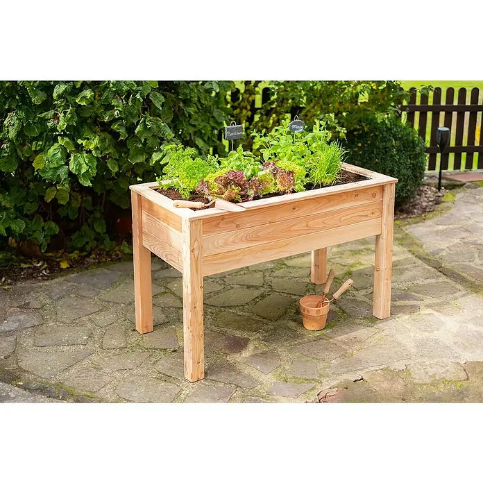Westmann Hochbeet Emily - 65 x 120 x 72 cm, Holz, Natur - Ein Hochbeet aus Holz mit verschiedenen Kräutern und Salaten bepflanzt, im Garten aufgestellt.