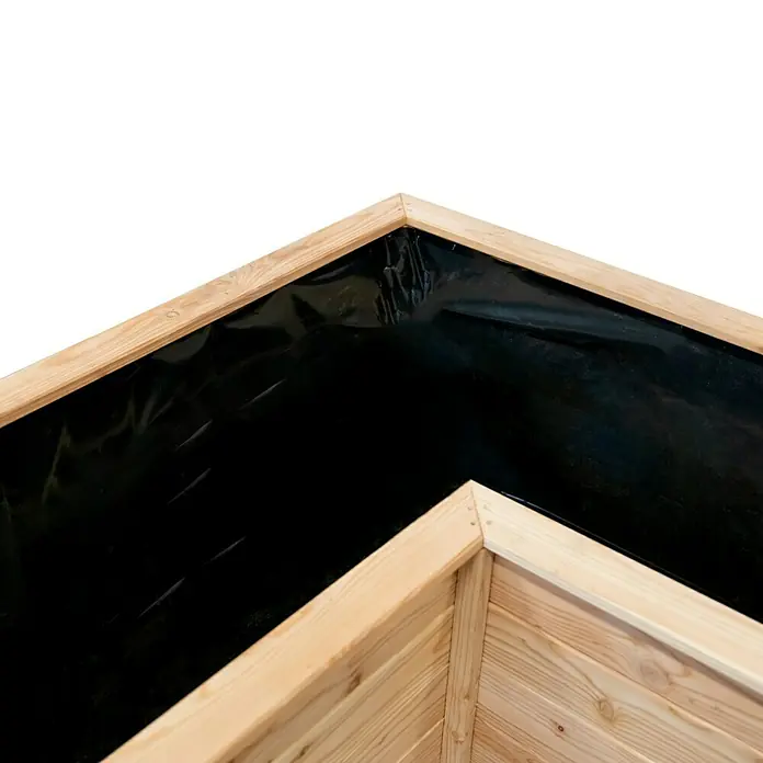 Westmann Hochbeet Klassik L - 170,5 x 170,5 x 84 cm, Holz, Natur - Nahaufnahme eines erhöhten Gartenbeets aus Holz mit schwarzer Auskleidung, ideal für Gartenliebhaber.