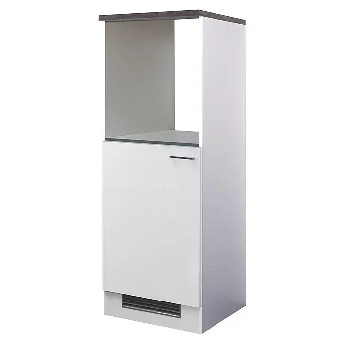 Flex-Well Lucca Demi-Geräteumbauschrank - B x T x H: 60 x 57 x 168,5 cm, Weiß - Weißer Küchenschrank mit offener Oberseite für Geräte, unterer Tür mit Griff, dunkelgrauer Theke und Lüftungsgitter.