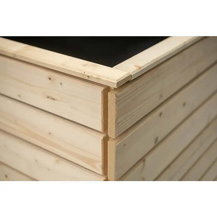 Westmann Hochbeet Asket XL - 70 x 160 x 90 cm, Holz, Natur - Detailansicht eines Hochbeets aus hellem Holz, das die Bauweise und die natürliche Maserung des Holzes hervorhebt. Es ist ein nachhaltiges Produkt.
