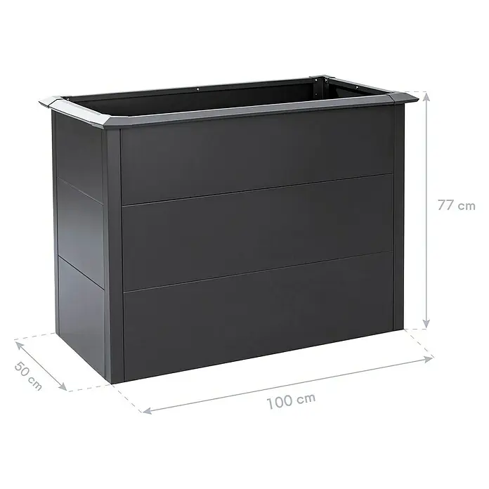 Westmann Hochbeet Primus M - 50 x 100 x 77 cm, Metall, Anthrazit - Abbildung eines rechteckigen, anthrazitfarbenen Pflanzkastens mit den Maßen 77x100x50 cm.