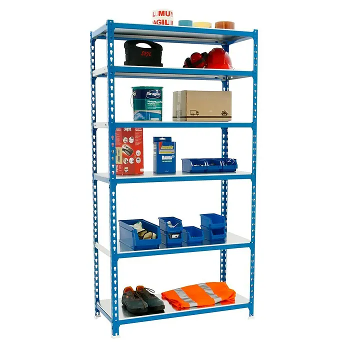 Simonrack Simonclick Metallregal Simonclick Mini - H x B x T: 250 x 80 x 50 cm, Traglast pro Boden: 180 kg, Anzahl Böden: 6 Stk., Stecken, Blau/Silber - Bild eines blauen Regals mit sechs Fächern, in denen Werkzeuge, Behälter und anderes Zubehör aufbewahrt werden.