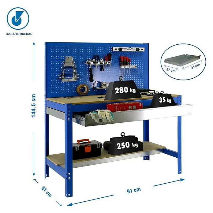 Simonrack Simonwork Banco de trabajo BT2 Box Mobile - L x An: 61 x 91 cm, Altura de trabajo: 144,5 cm, Carga soportada: 120 kg, Azul - Banco de trabajo con panel portaherramientas, cajón y estante, con indicaciones de peso para los límites de carga.