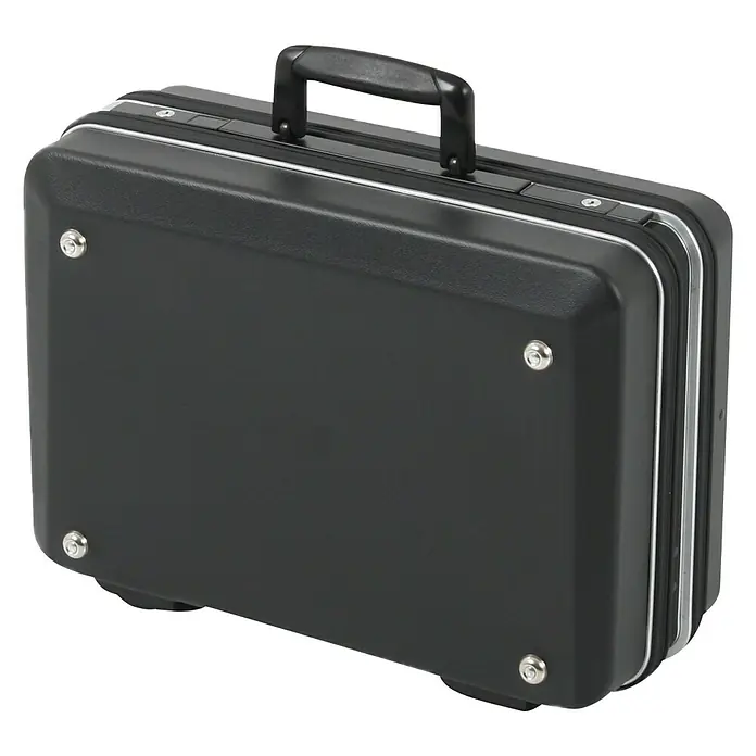 Hepco & Becker Werkzeugkoffer Classic 5112 - L x B: 370 x 490 mm, Höhe: 200 mm, ABS Pro - Eine schwarze Hartschalen-Aktentasche mit Griff und silberfarbenen Akzenten, ideal für den sicheren Transport von Dokumenten und Geräten.