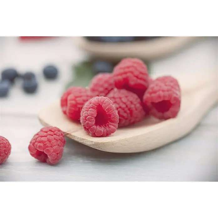 Piardino Himbeere 'Meeker' - Rubus ideaus 'Meeker', Erntezeit: Juli - Nahaufnahme von köstlichen Himbeeren auf einem Holzlöffel, die ihre frische, rote Farbe und saftige Textur zeigen. Ideal für gesunde Rezepte.