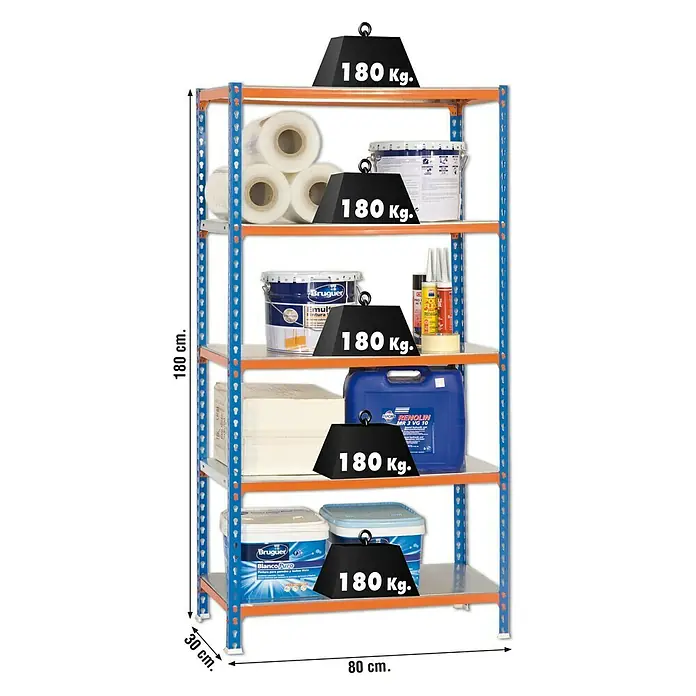 Simonrack Simonclick Metallregal Simonclick Mini - H x B x T: 180 x 80 x 30 cm, Traglast pro Boden: 180 kg, Anzahl Böden: 5 Stk., Stecken, Blau/Orange/Silber - Ein Regal mit fünf Ebenen, gefüllt mit verschiedenen Artikeln und Gewichten, die das maximale Tragegewicht von 180 kg pro Ebene anzeigen.