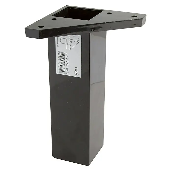 Rei Möbelfuß - L x B x H: 4 x 8 x 15 cm, Kunststoff, Schwarz, 1 Stk. - Abgebildetes Produkt: Ein schwarzes, eckiges Tischbein mit einer dreieckigen Montageplatte, ideal für DIY-Möbelprojekte und stabile Konstruktionen.