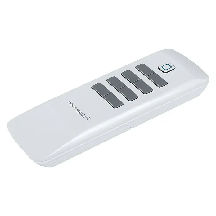 Homematic IP Funkfernbedienung HmIP-RC8 - 300 m, Weiß, 19 x 46 x 131 mm - Weisse Homematic Fernbedienung mit vier grauen Tasten und einer blauen Taste zur Steuerung verschiedener Geräte im Smart Home.