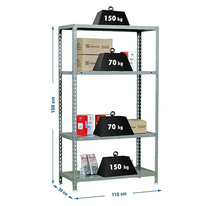 Simonrack Simonclick Metallregal Ecoclick SuperPlus - H x B x T: 150 x 110 x 30 cm, Traglast pro Boden: 70 kg, Anzahl Böden: 4 Stk., Stecken, Grau - Abbildung eines grauen Metallregals mit vier Ebenen, wobei die Abmessungen und die Gewichtskapazität jeder Ebene angegeben sind.