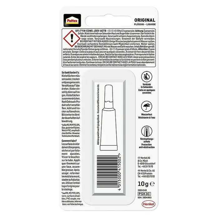 Pattex Sekundenkleber Flüssig - 10 g, Flüssig, Tube, 1 Stk. - Pattex Sekundenkleber Original: Flüssigkleber für schnelle und wasserfeste Verbindungen mit Verstopfungsschutz.