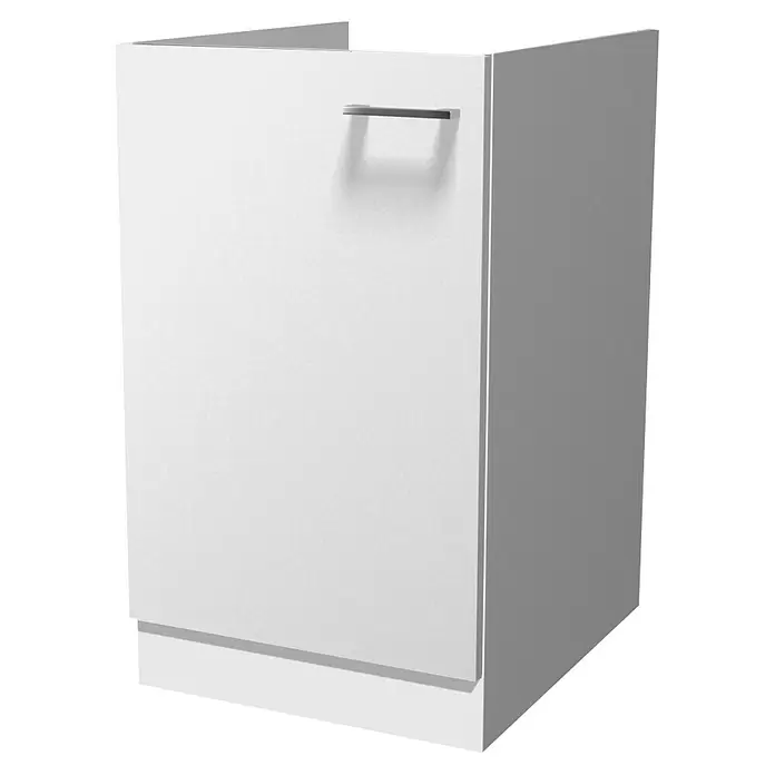 Flex-Well Lucca Singleküche - Breite: 150 cm, Weiß, Mit 2 Platten-Kochfeld & Mikrowelle, Mit Elektrogeräten - Weißer Küchenunterschrank mit einer Tür und silbernem Griff zur Aufbewahrung.