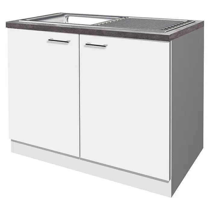Flex-Well Lucca Spülenunterschrank - B x T x H: 100 x 60 x 85 cm, Weiß - Weißer Küchenunterschrank mit zwei Türen, dunkler Arbeitsplatte und integrierter Edelstahlspüle.
