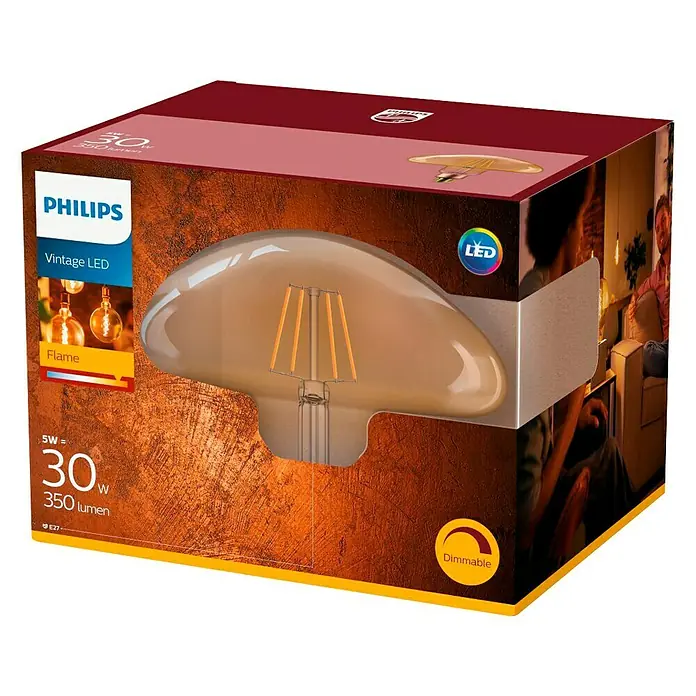 Philips Bombilla LED Vintage Gold - E27, Intensidad regulable, Ámbar, 350 lm, 5 W, Otros - Primer plano del paquete de una bombilla Philips Vintage LED con luz cálida y función de atenuación.