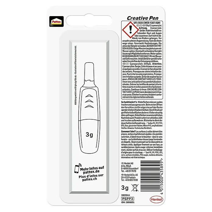 Pattex Sekundenkleber Creative Pen - 3 g, Flüssig, Tube - Pattex Creative Pen Verpackung. Enthält einen Klebestift zur kreativen Anwendung.