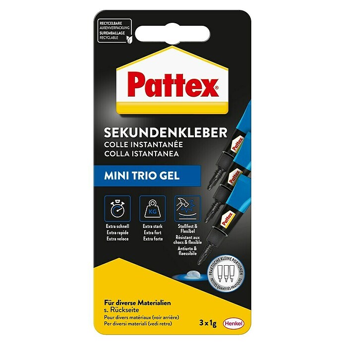 Pattex Sekundenkleber Ultra Gel Mini Trio (3 x 1 g, Gelartig, Lösemittelfrei)