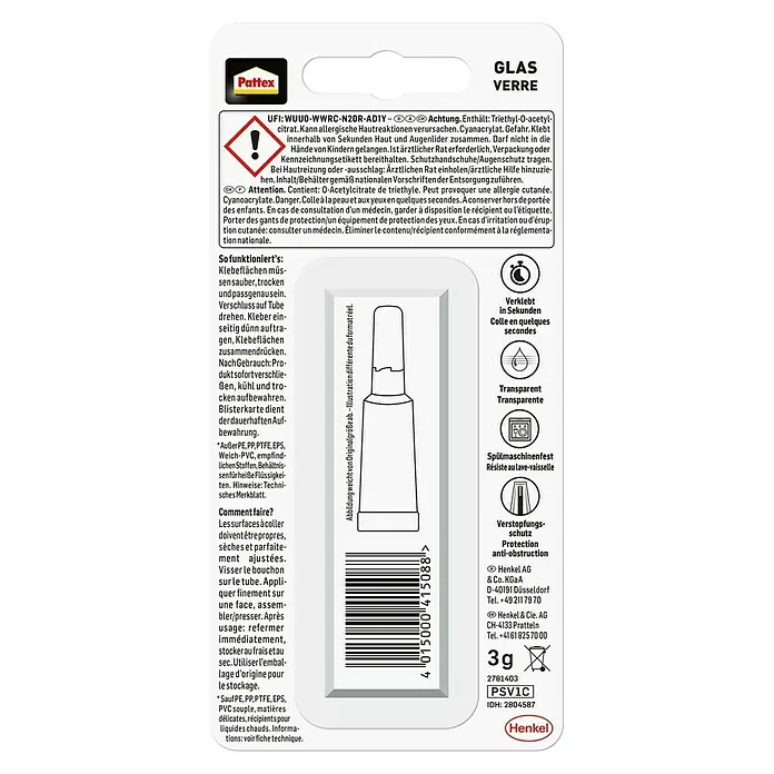 Pattex Sekundenkleber Glas Flüssig - 3 g, Flüssig, Tube - Pattex Glas Kleber Tube: Ideal zum Kleben von Glas, ist spülmaschinenfest und bietet Verstopfungsschutz für präzise Anwendungen.