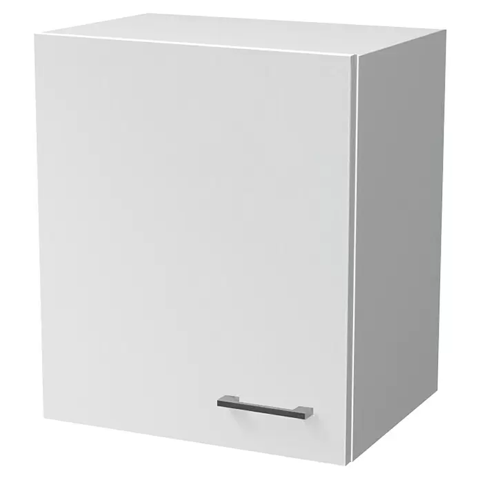 Flex-Well Lucca Singleküche - Breite: 150 cm, Weiß, Mit 2 Platten-Kochfeld & Mikrowelle, Mit Elektrogeräten - Weißer Wandschrank mit einer Tür und silbernem Griff.