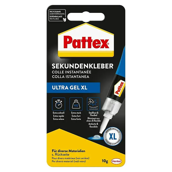 Pattex Sekundenkleber Ultra Gel XL - 10 g, Tube, Gelartig, 1 Stk. - Bild einer Packung Pattex Sekundenkleber Ultra Gel XL, der extra schnell, stark und flexibel ist.