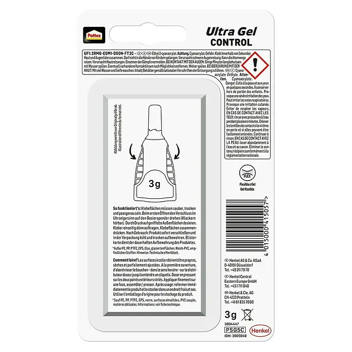 Pattex Sekundenkleber Control Ultra Gel - 3 g, Flasche, Gelartig, 1 Stk. - Pattex Ultra Gel Control: Sekundenkleber für präzise Anwendungen, ideal für flexible Materialien. Klebt schnell und zuverlässig.