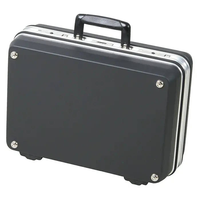 Hepco & Becker Werkzeugkoffer Budget 5022 - L x B x H: 370 x 490 x 200 mm, Material: ABS - Hier ist ein schwarzer Hartschalenkoffer mit einem silberfarbenen Rahmen und einem schwarzen Griff für einen sicheren Transport Ihrer Sachen.