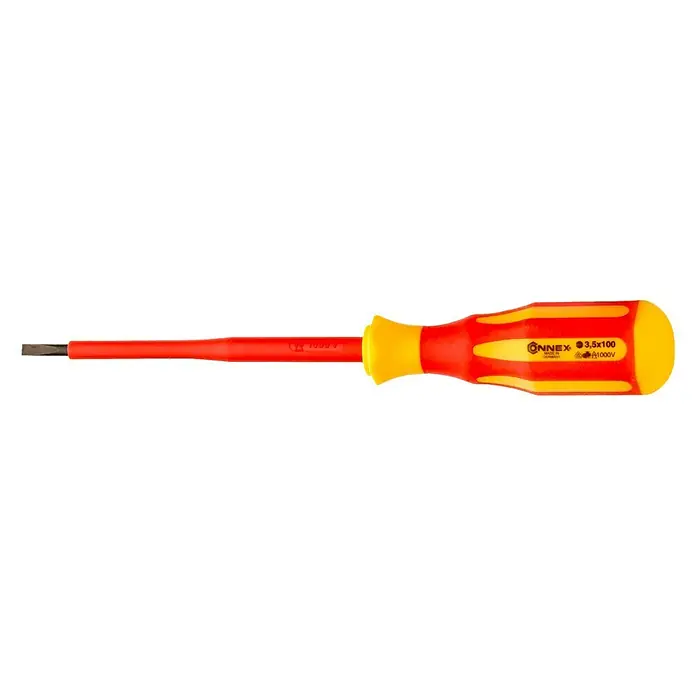 Connex Destornillador para electricista COX336035 - SL 3,5 mm, Longitud de la hoja: 100 mm - En la imagen se muestra un destornillador aislado de ranura ONNEX con mango rojo y amarillo para trabajos seguros en instalaciones eléctricas.