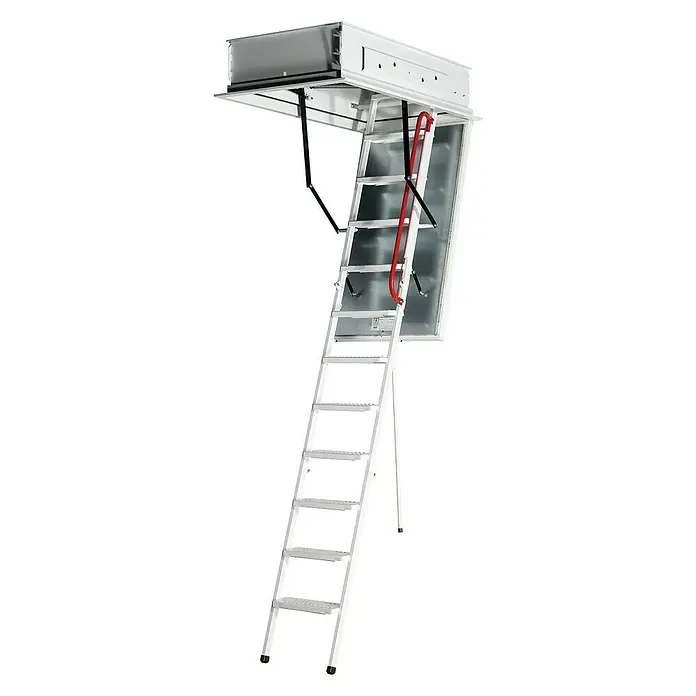Wippro Bodentreppe Eurostep Smart - 140 x 70 cm, Wärmedämmung: 0,7 W/(m²K) - Dachbodentreppe aus Aluminium mit rotem Handlauf. Sie ist aufklappbar und erleichtert den Zugang zum Dachboden. Praktisch und platzsparend.