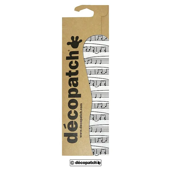 Décopatch Papel decorativo Music - 3 ud., 40 x 30 cm - Primer plano de una hoja de papel Decopatch con un patrón de notas musicales, ideal para proyectos de manualidades creativas y para personalizar superficies.