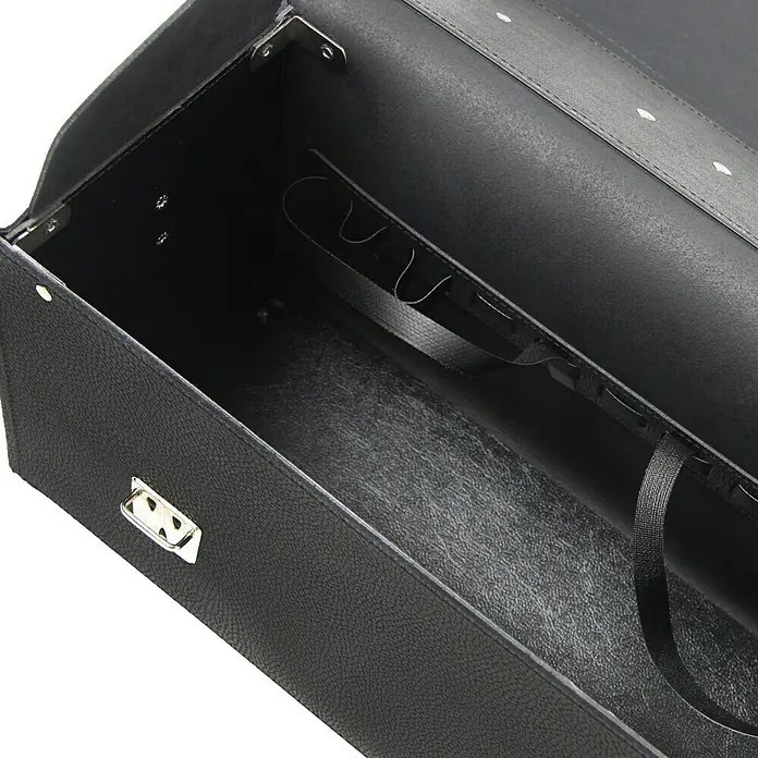 Hepco & Becker Werkzeugtasche Favorit 7199 - Innenmaß: B x T x H: 430 x 170 x 210 mm, Leder - Innenansicht einer geöffneten schwarzen Dokumentenmappe aus Leder mit Fächern und einem silbernen Verschluss.