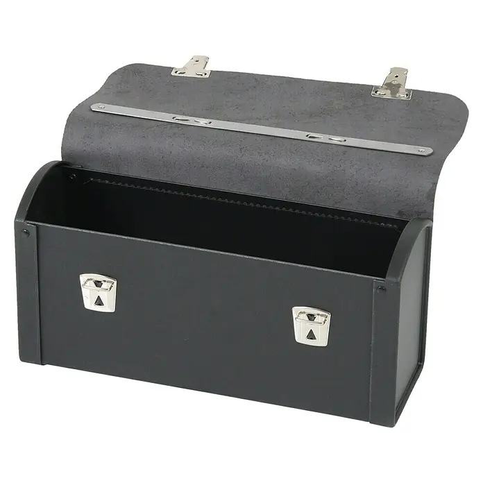 Hepco & Becker Werkzeugtasche Favorit 7220 - Innenmaß: B x T x H: 355 x 115 x 175 mm, Leder - Die geöffnete schwarze Leder Aktentasche zeigt ihr leeres Innenleben und die silbernen Verschlüsse. Perfekt für Büro oder unterwegs.