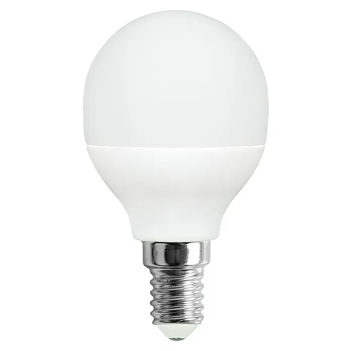 Garza Bombilla LED - E14, No regulable, Blanco cálido, 810 lm, 8 W, Redonda - Primer plano de una bombilla LED esmerilada con base de rosca E14 sobre un fondo negro. Ideal para iluminación ambiental.