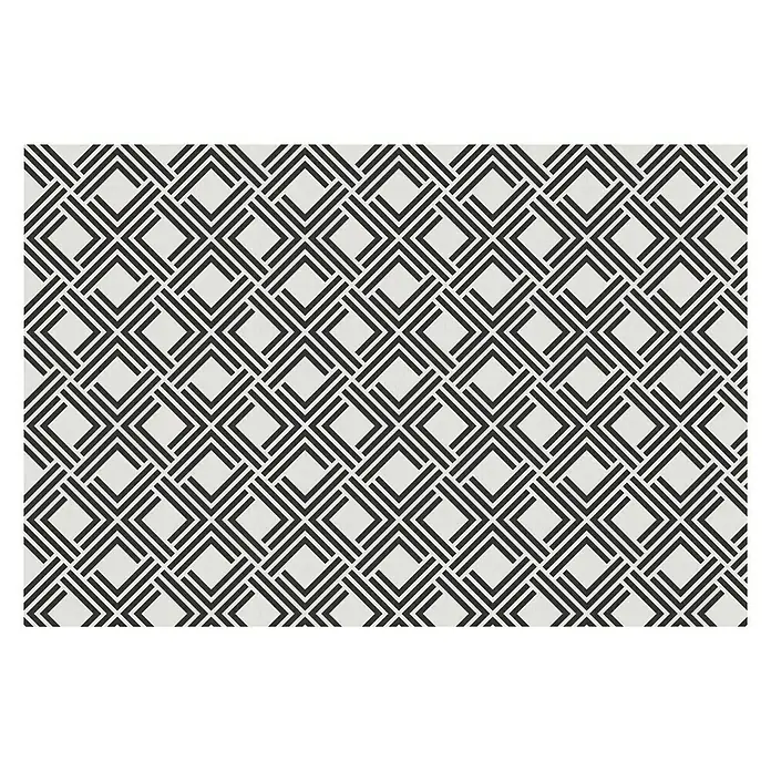 Alfombra de vinilo Living geométrica - Negro, 180 x 120 cm - Esta imagen muestra un moderno patrón geométrico con líneas negras sobre un fondo blanco, ideal para textiles o decoración.