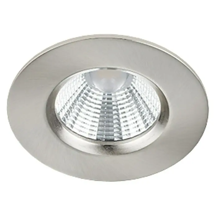 Trio Lighting Foco LED empotrable Zagros - 5,5 W, Color de luz: Blanco cálido, Diámetro: 8,5 cm, Níquel mate - Primer plano de una luz empotrada redonda de níquel cepillado con fuente de luz LED para uso en interiores. Diseño sutil y moderno.
