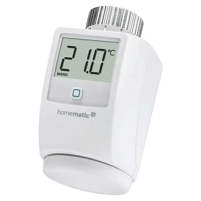 Homematic IP Heizkörper-Thermostat HmIP-eTRV-2 - Ventilanschluss: M30 x 1,5 mm, Batteriebetrieben, 97 x 58 x 71 mm, Weiß, 1 Stk. - Nahaufnahme eines Homematic IP Heizkörperthermostats mit digitaler Temperaturanzeige und manueller Steuerung.