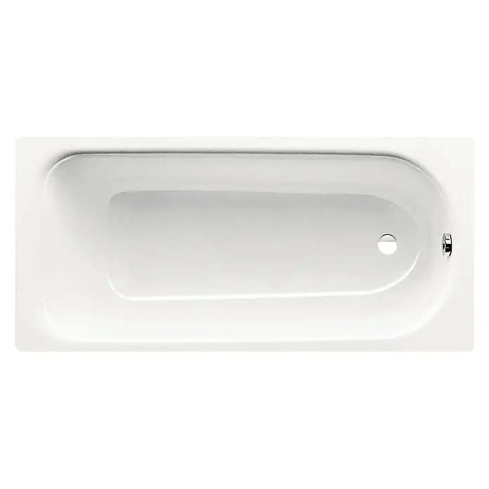 Kaldewei Badewanne Saniform Plus 371-1 - 170 x 73 cm, Stahl-Email, Alpinweiß - Blick von oben auf eine weisse Badewanne mit Abfluss und Überlauf. Die Badewanne ist rechteckig mit abgerundeten Ecken.